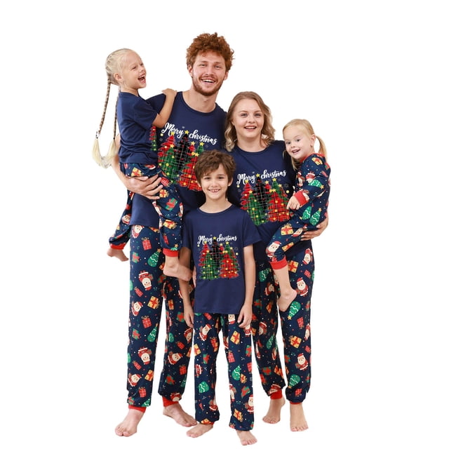 Pisexur Pyjamas de Noël pour la Famille Mode Imprimé Manches Courtes Col Rond Tee Tops Pantalons Assortis Pyjamas de Noël pour la Famille Pyjamas de Vacances pour Hommes/femmes/Kids