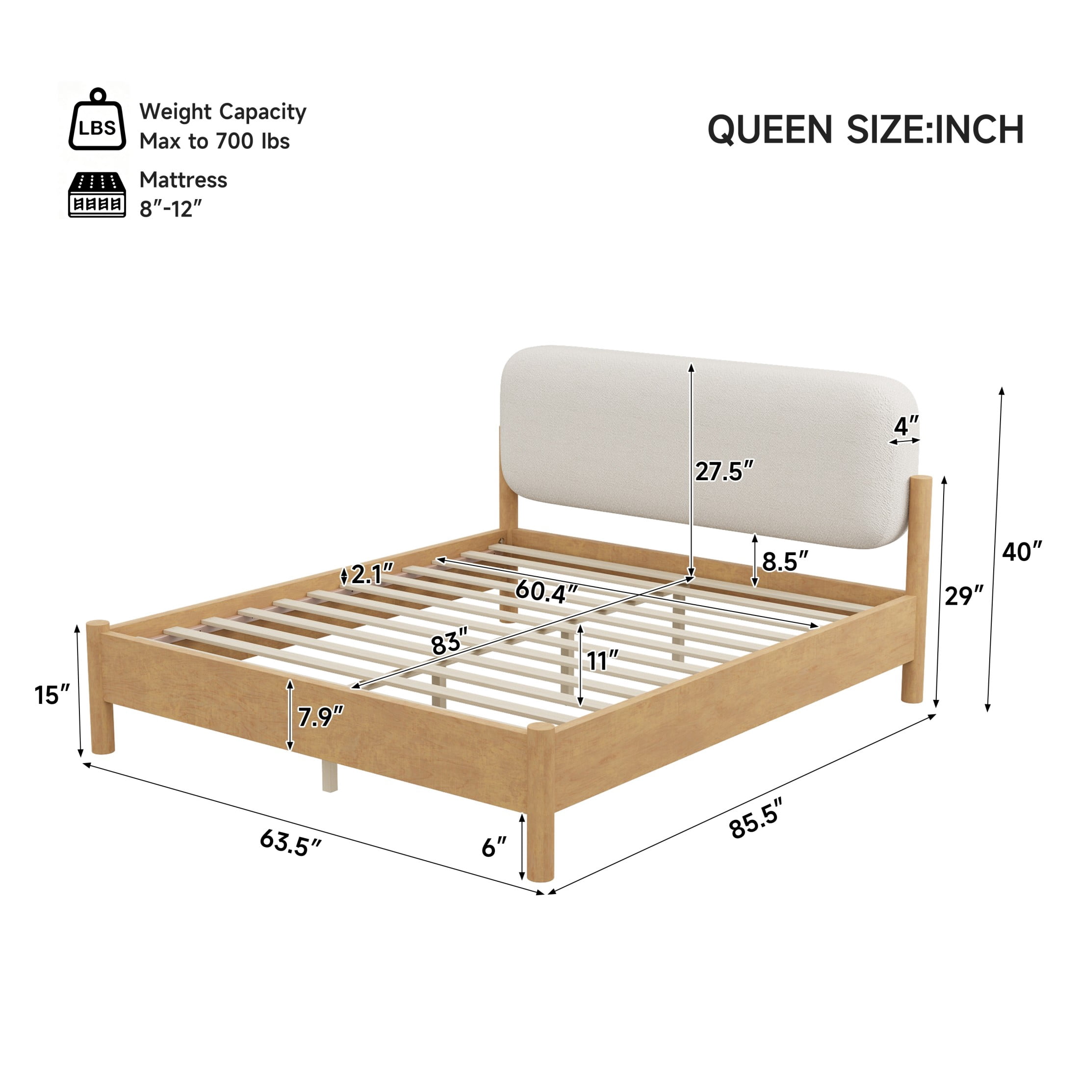 Christopher Knight Home Modern Queen Platform Bed Frame, Thick Rounded Upholstered Headboard, Oak