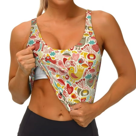 Qokaie Colorful Chicken Pattern Womens Scoop Neck Sports Bra Breathable Workout Vest Padded U Back Medium Impact Fitness Gym Yoga Bra Workout Crop Top