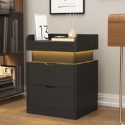 IDEALSOUL Black Nightstand with Charging Station, LED Nightstand with 3 Hidden Drawer Modern Bedside Table End Side Table Nightstands for Bedroom Living Room 25 Tall
