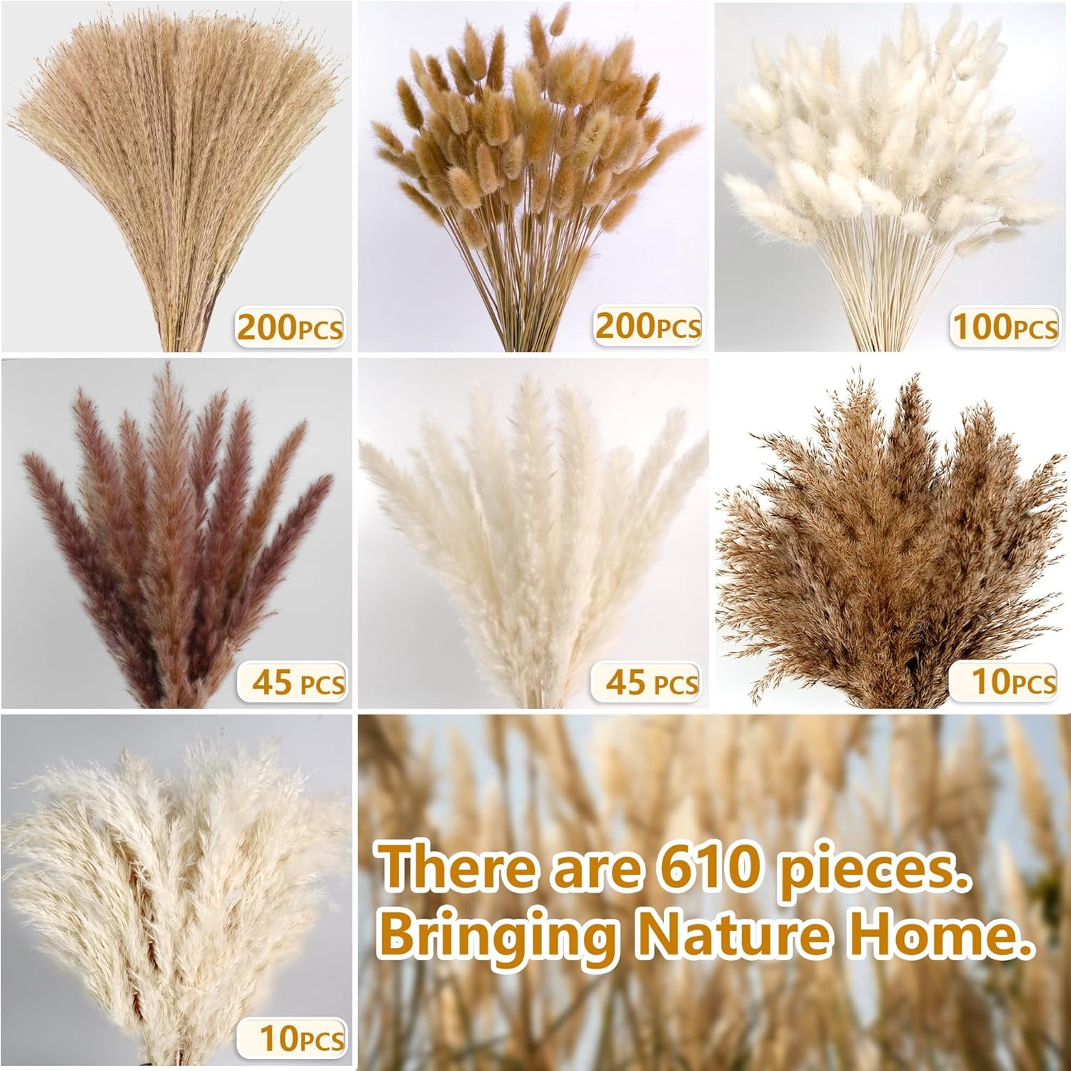 610 Pcs Dried Pampas Grass Decor, Dried Flower Bouquets For Wedding Table Centerpiece Boho Home Office Room Beach Decor