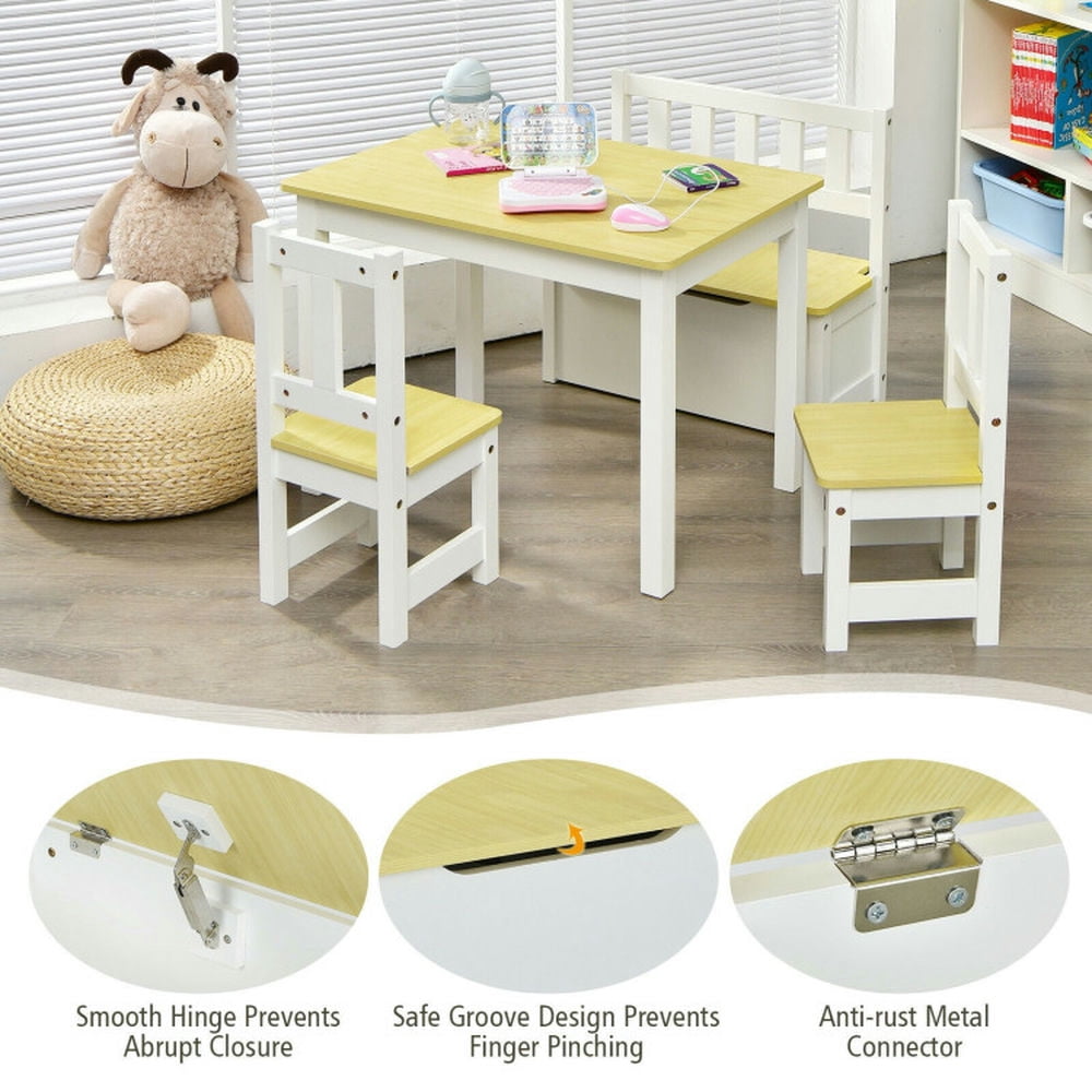 Barara King Toddler Table Chairs Set,Kids Play Table Set,4 Pieces Kids Wooden Activity Table and Chairs Set with Storage Bench and Study Desk-Natural