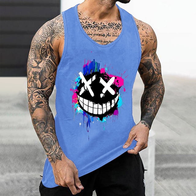 Tank Top for Men, Mens Tank Colorless Gradient Printing Round Neck Thin Strap Leakage Back Regular Casual Sports Tank Blouses