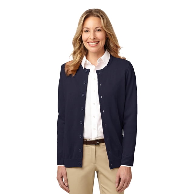 Port Authority Suéter tipo cárdigan con cuello joya para mujer, M, azul marino Autoridad Portuaria LSW304