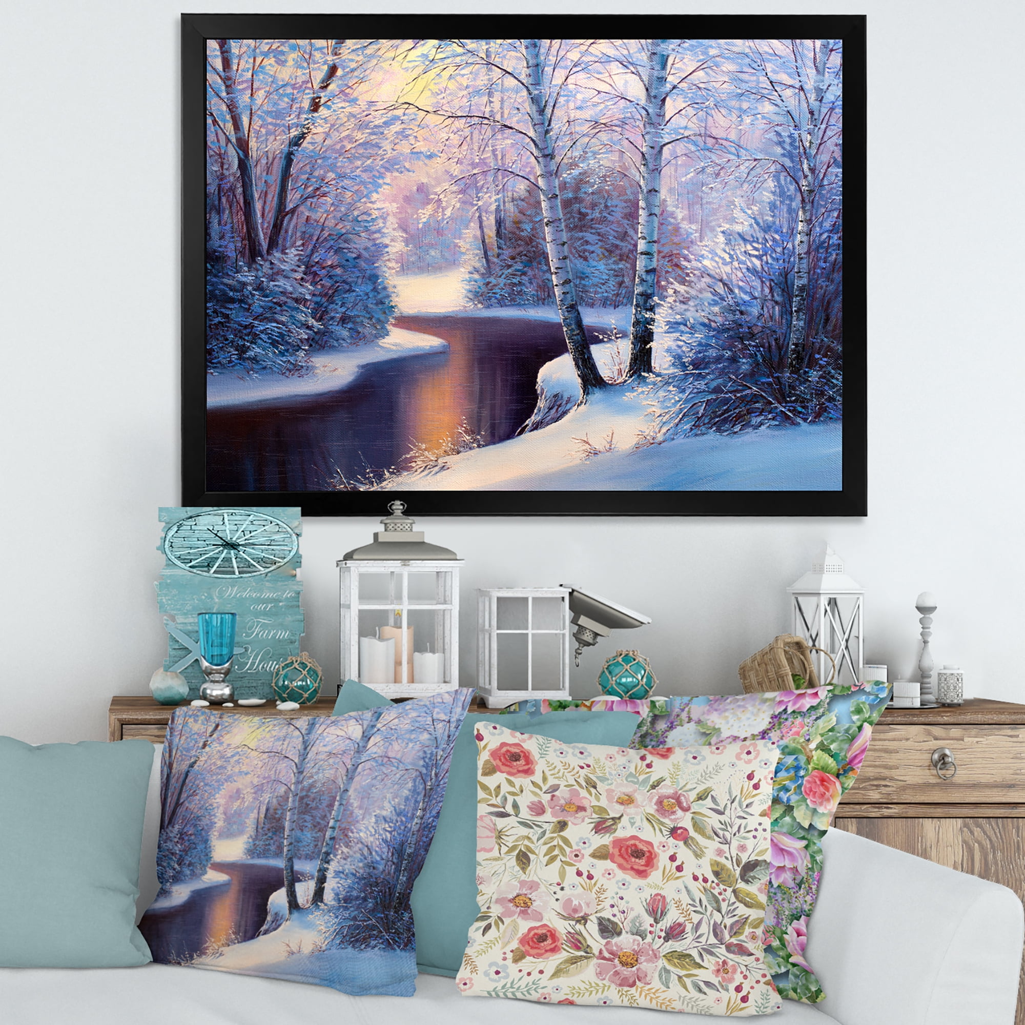 Designart 'Christmas Forest With Trees and River I' Traditional Framed Art Print