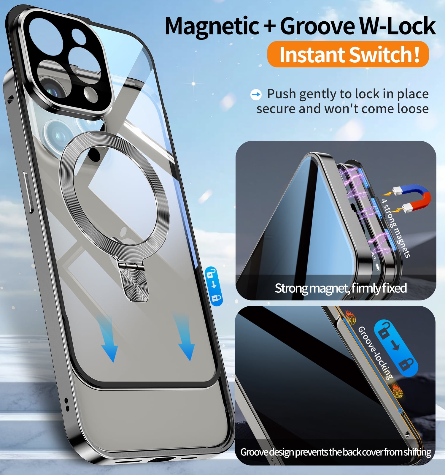 JETeacka iPhone 15 Pro Max Auto Lock Case Privacy Screen Protector Magnetic Stand MagSafe Compatible Heavy Duty Full-Body Shockproof Cover-Gray