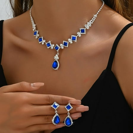 Teardrop Rhombus Brass Rhinestone Pendant Necklaces Stud Dangle Earrings Sets Silver Sapphire 330mm