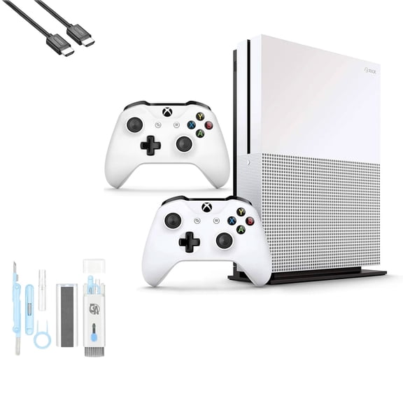 Pre-Owned Microsoft Xbox One S 500GB with 2 Controller, 4K Ultra HD White with BOLT AXTION Cleaning Kit HDMI Bundle