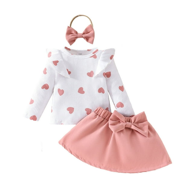 Odeerbi 3M-2Y Niñas Día de San Valentín Trajes Algodón Manga Larga Tops A-Línea Falda Con Banda de Cabeza Conjunto de Tres Piezas Corazón Impresión Ruffle Superior Arco Falda Conjunto
