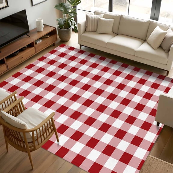 8x10 Area Rugs, Farmhouse Buffalo Plaid Non-Skid Rubber Backing Large Rectangle Rugs - Living Room Bedroom Home Office, Red White Checkered Indoor Floor Mat Carpets Washable Rug