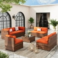 thumbnail image 3 of Poteban 9 Pieces Outdoor Sectional Sofa Set , PE Wicker Rattan Slanted Back Outdoor Conversation with Cushions and Glass Coffee Table for Backyard Garden, Orange, 3 of 11