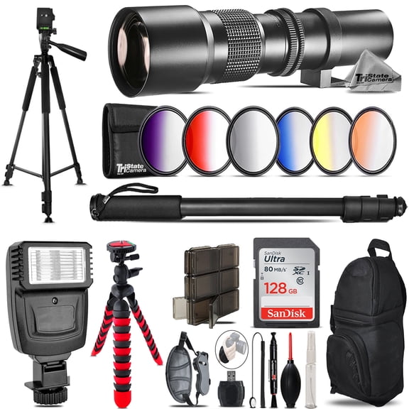 500mm Telephoto Lens for Nikon D3300 D3400 + Flash + Backpack - 128GB Kit (International Version)