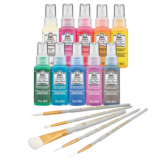 FolkArt Murano Acrylic Craft Paint Kit, 15 Piece Set Including 5 Brushes and 10 Transparent Acrylic Paints