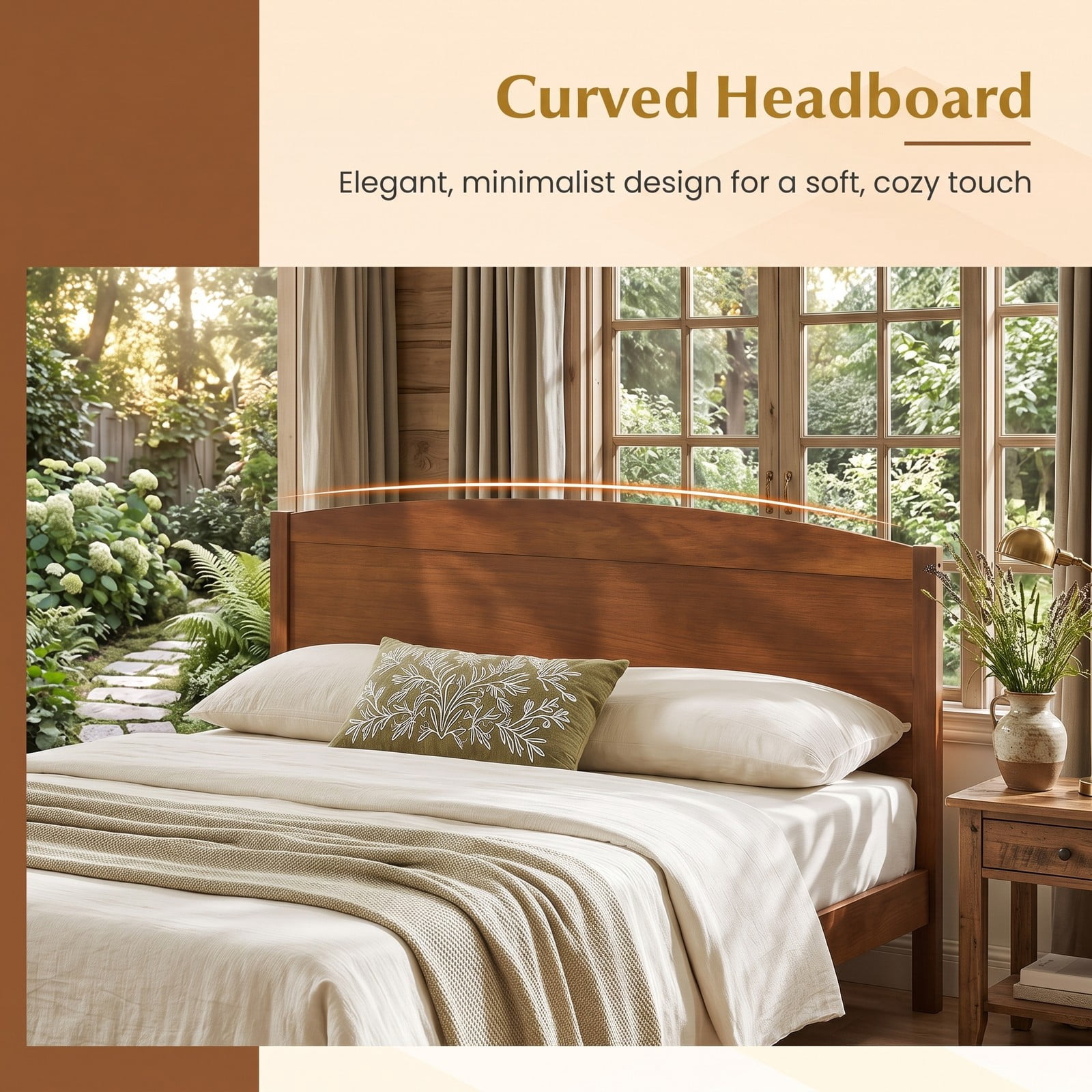 Furnibear Full Size Bed Frame with Curved Arched Headboard, Wood Platform Bed Frame with 8 Slats for Bedroom and Guest Room, Walnut