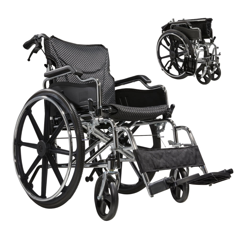 Folding Manual Transport Wheelchair, 20" Seat, 275 lbs Capacity, Quick-Release Wheels, Black and Silver