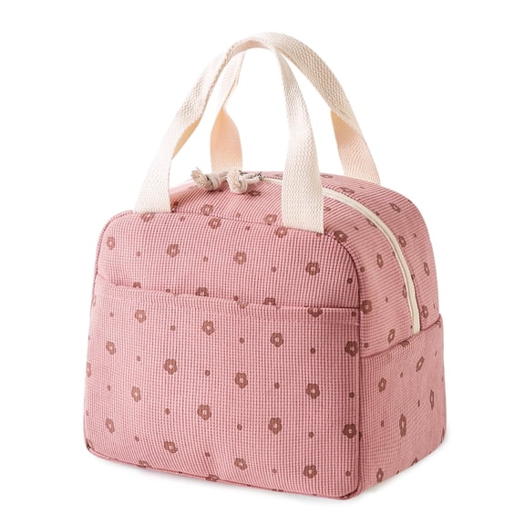 Cute Corduroy Lunch Bag for Women Men, Insulated Lunch Box Tote Bag Reusable Leakproof Bento Cooler Bag for Office Work Picnic Travel (Pink Flowers)