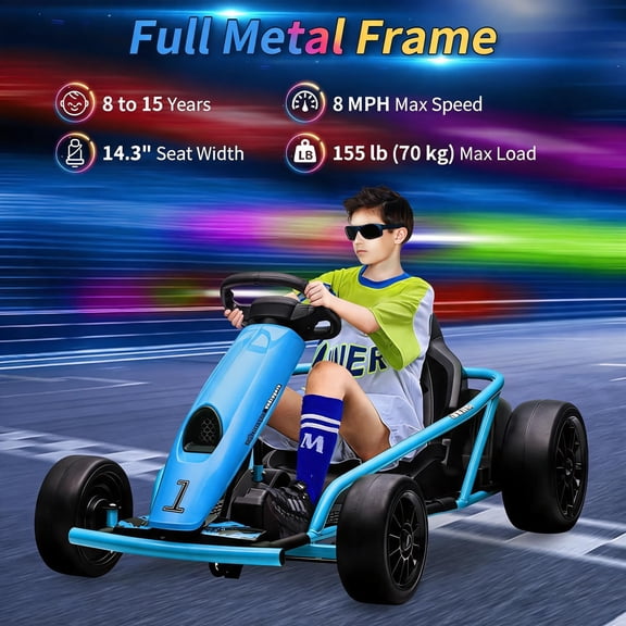 TEREDNAT 24V Electric Ride-On Go-Kart for Kids and Teens, Dual 300W Motors, 9Ah Battery, 8 MPH Drift, Music and Horn, Blue