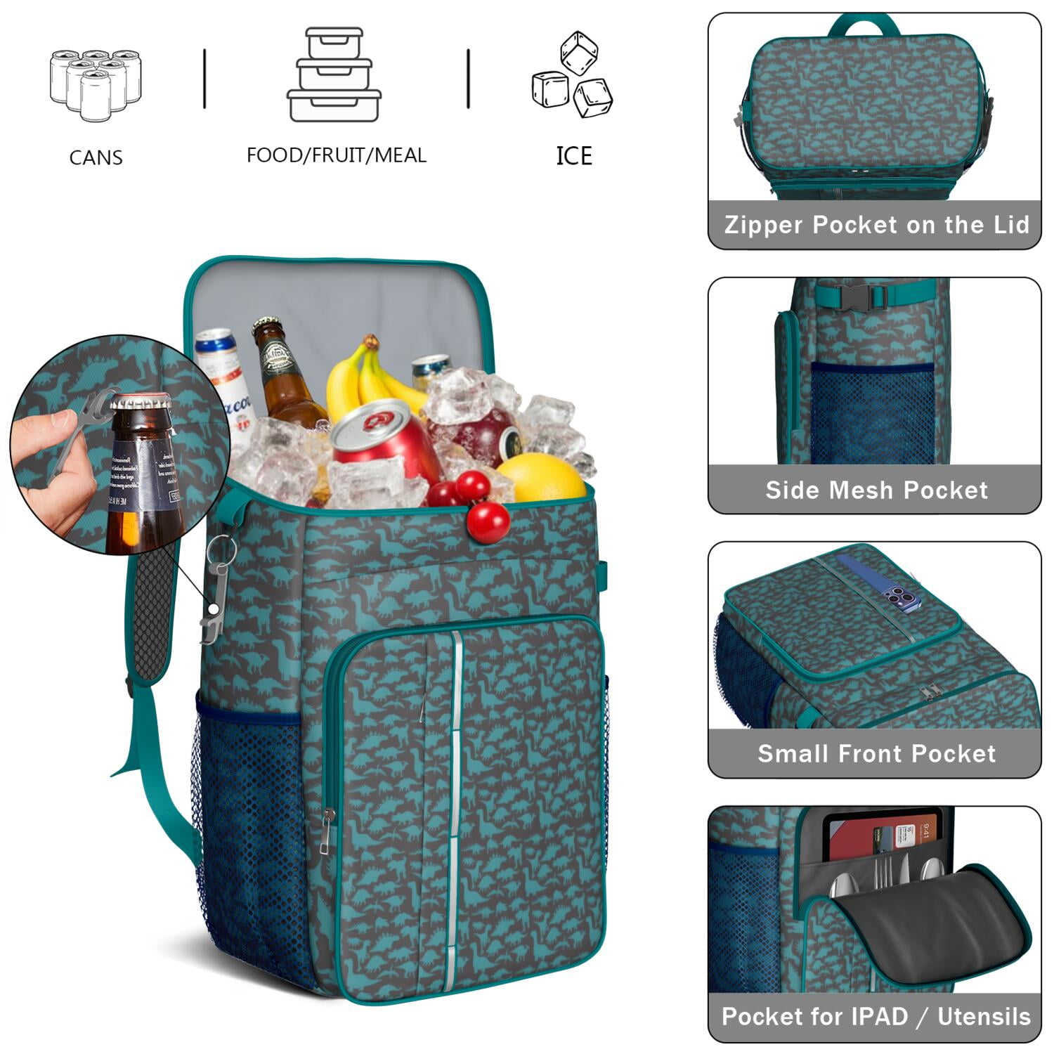 Travel Cooler Bag - DarkGreen Cartoon Dinosaurs Silhouette Pattern Camping Beer Cooler Backpack with Bottle Opener- Waterproof Insulated Picnic Backpacks - Cooler Bag for Beach
