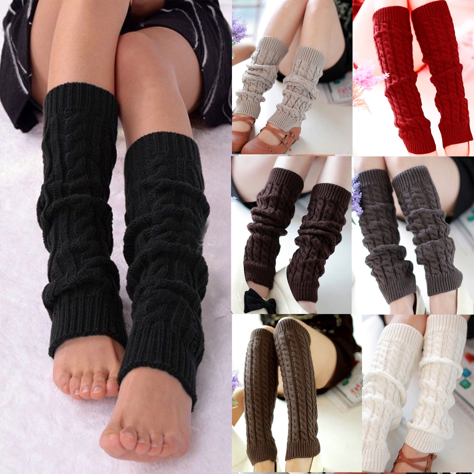 Women Girls Fashion Winter Leg Warmers Cable Knit Knitted Crochet Socks Leggings 