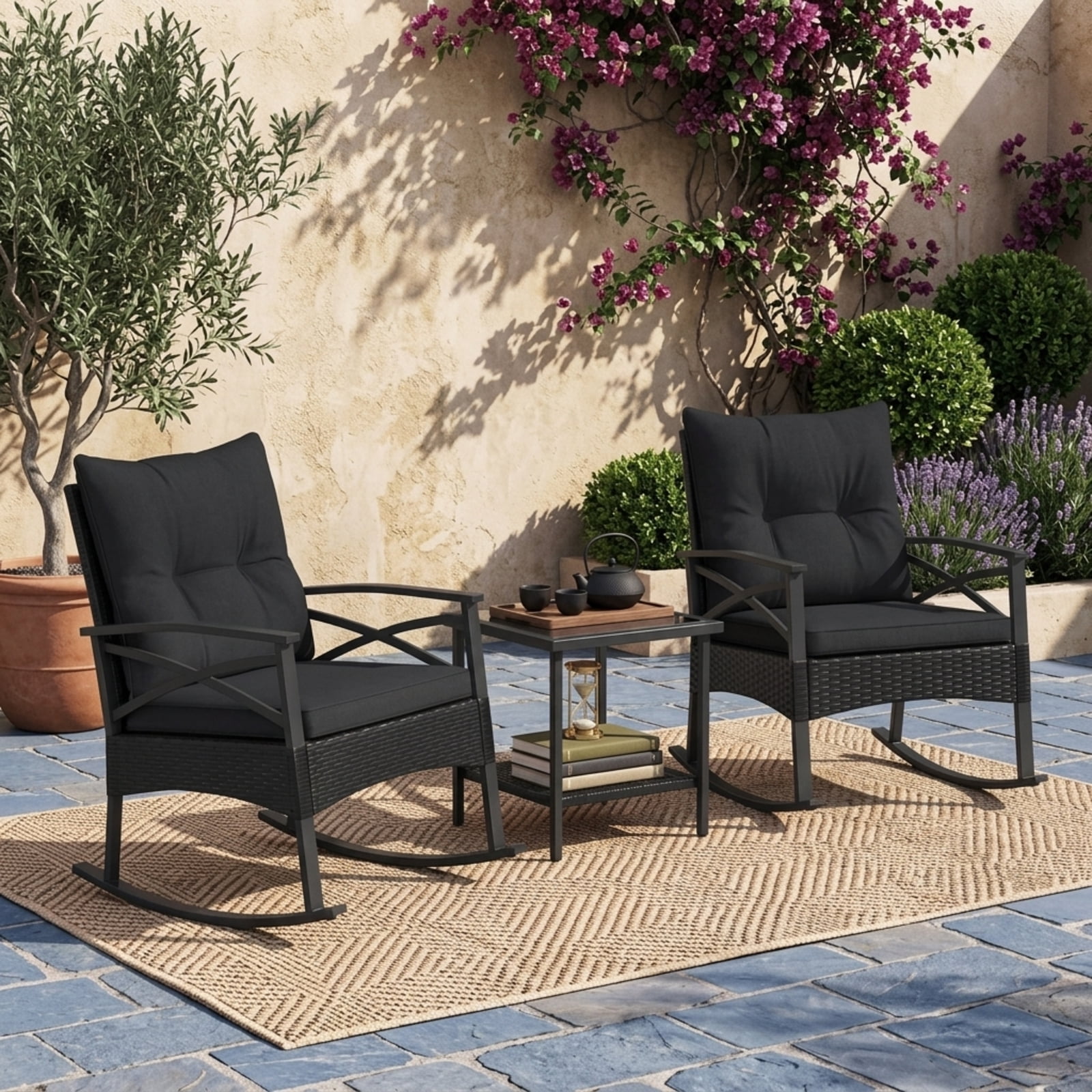 Furnibear Outdoor Rocking Chair for Lawn Patio Backyard Outdoor Metal 100 lbs Capacity Black Weather-Resistant Outdoor Furniture