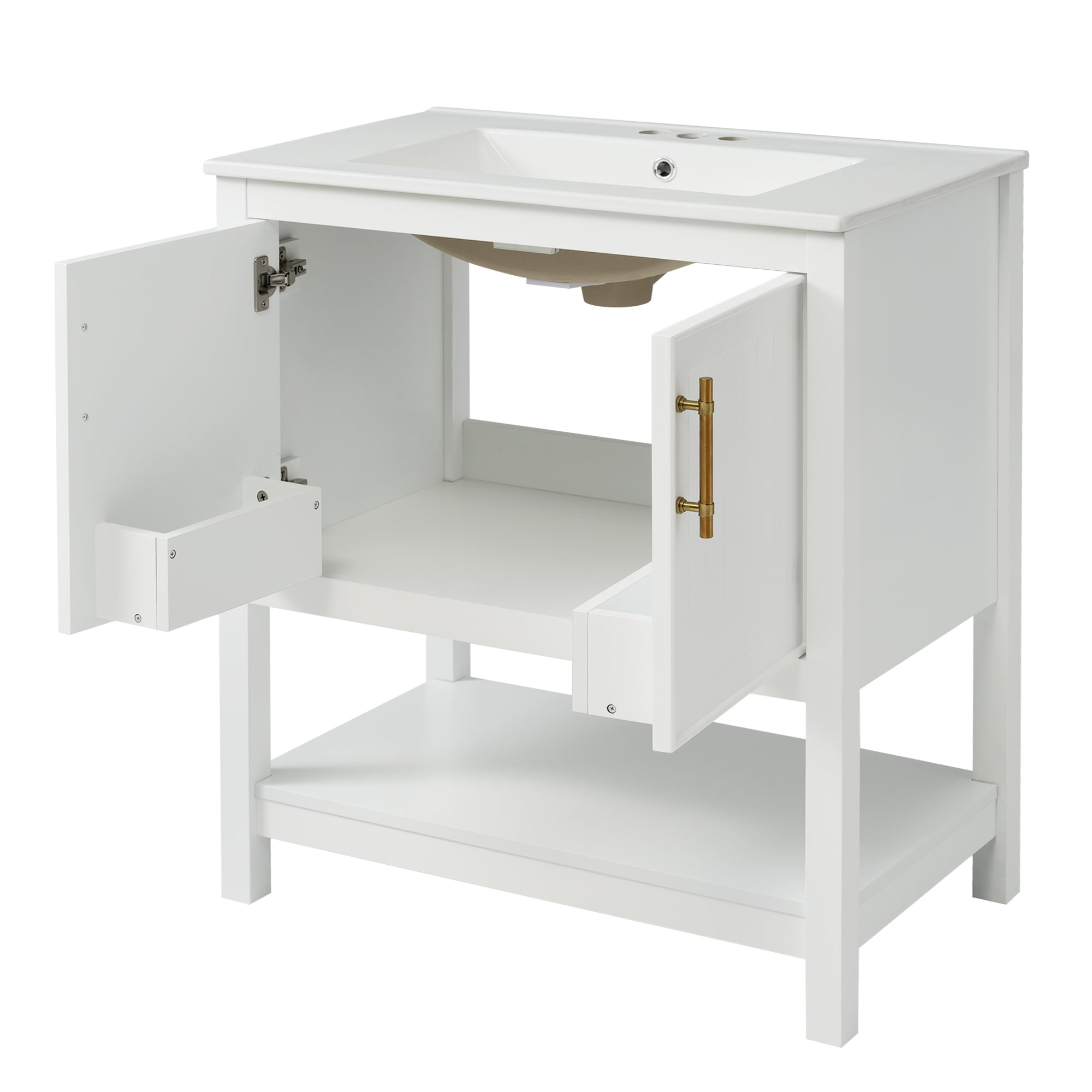 EUROCO 30" Bathroom Vanity with Ceramic Sink,Modern Bathroom Sink Cabinet with Open Shelf,Lager Storage,Solid Wood Frame Bathroom Vanities
