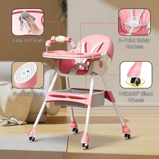 LHUAI, Foldable Baby High Chair, 4 in 1 Convertible High Chairs, With 5-Point Safety Harness, Adjustable Dining Tray & Backrest & Height, Easy To Clean Surface, For Babies And Toddlers, Pink