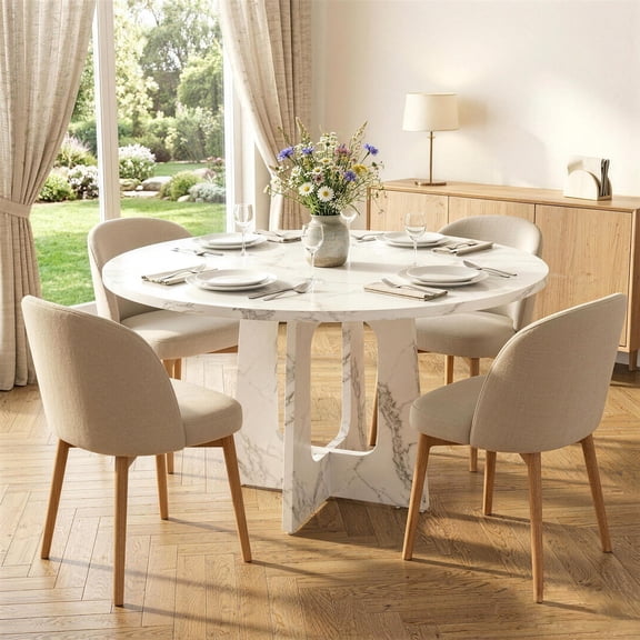 Round Dining Table for 4-6, PAOROOS 47''Large Kitchen Table, Dining Room Table with Marble-Color Wood Tabletop & Cross Base, Circle Dining Dinner Table for Kitchen Dining Room, White(Only Table)