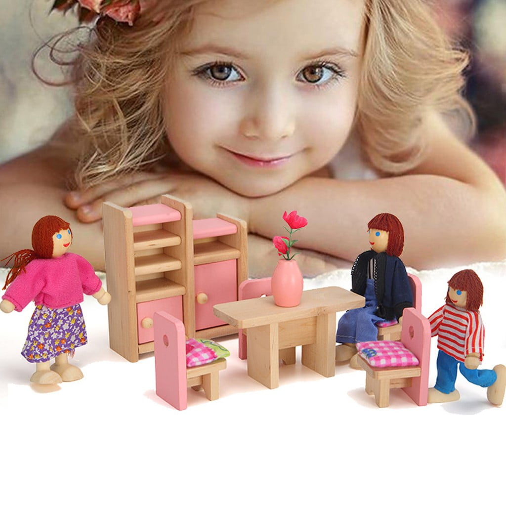 Wooden Furniture Dolls House Family Miniature 7 People Dolls Kids Children Toys 