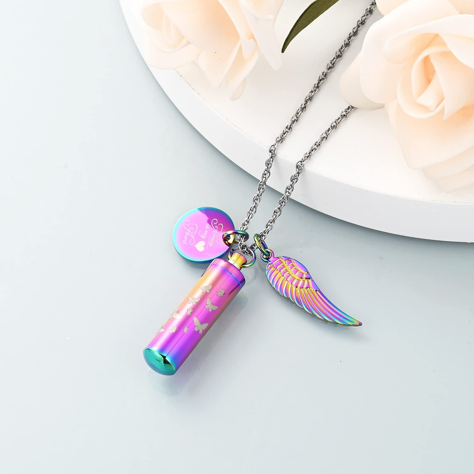 Personalize Cylinder Urn Ashes Necklace for Women Men Butterfly Cremation Jewelry Ash Loved One Memorial Angel Wing Pendant