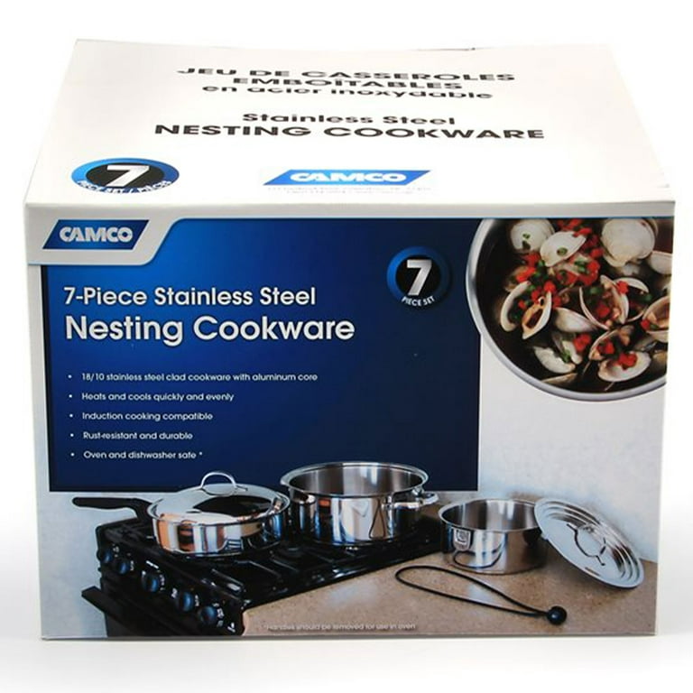 Camco 7 Piece Stainless Steel Cookware Nesting Set w/Handle & Storage Strap  