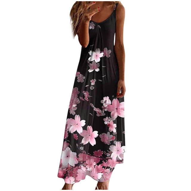 Robe d'Été pour Femmes Sans Manches à Col en V Décontractée Longue Imprimée Robe Maxi pour Plage Vacances Tenue d'Extérieur