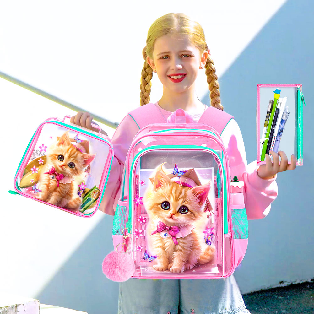 Mochila Transparente para Niña, Set de 3 Bookbags Claros, Bolso Escolar Transparente para Primaria y Preescolar - Doctor Gato Rosa 3