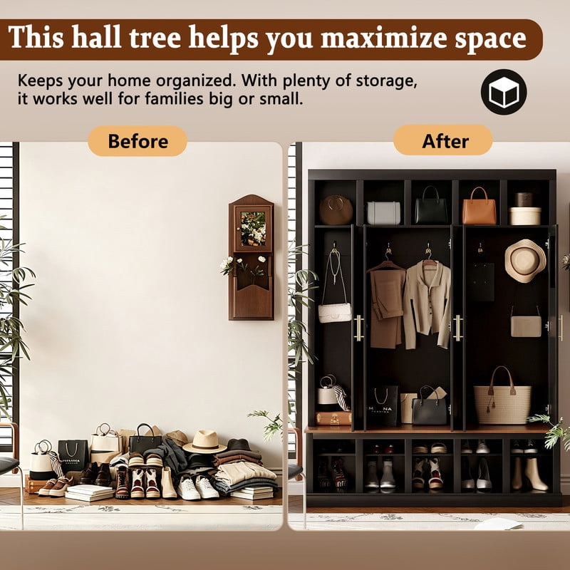 Farmhouse Hall Tree with 5 Doors and Top Storage Compartments, Entryway Coat Rack with Hooks, Mudroom Bench with Shoe Cubbies for Hallway Living Room