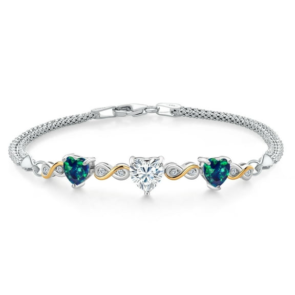 925 Silver and 10K Yellow Gold White Moissanite and Simulated Green Opal and Lab Grown Diamond Bracelet for Women | 2.95 Cttw | Gemstone Birthstone | Heart Shape 7MM | 6.5/7/7.5 inch, Made in Italy