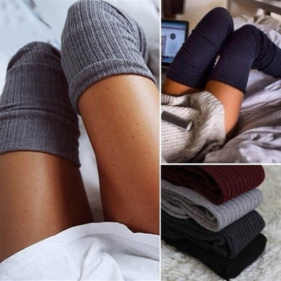 Solid Color Thigh High Knitted Long Socks Women Stretch Over The Knee Stockings