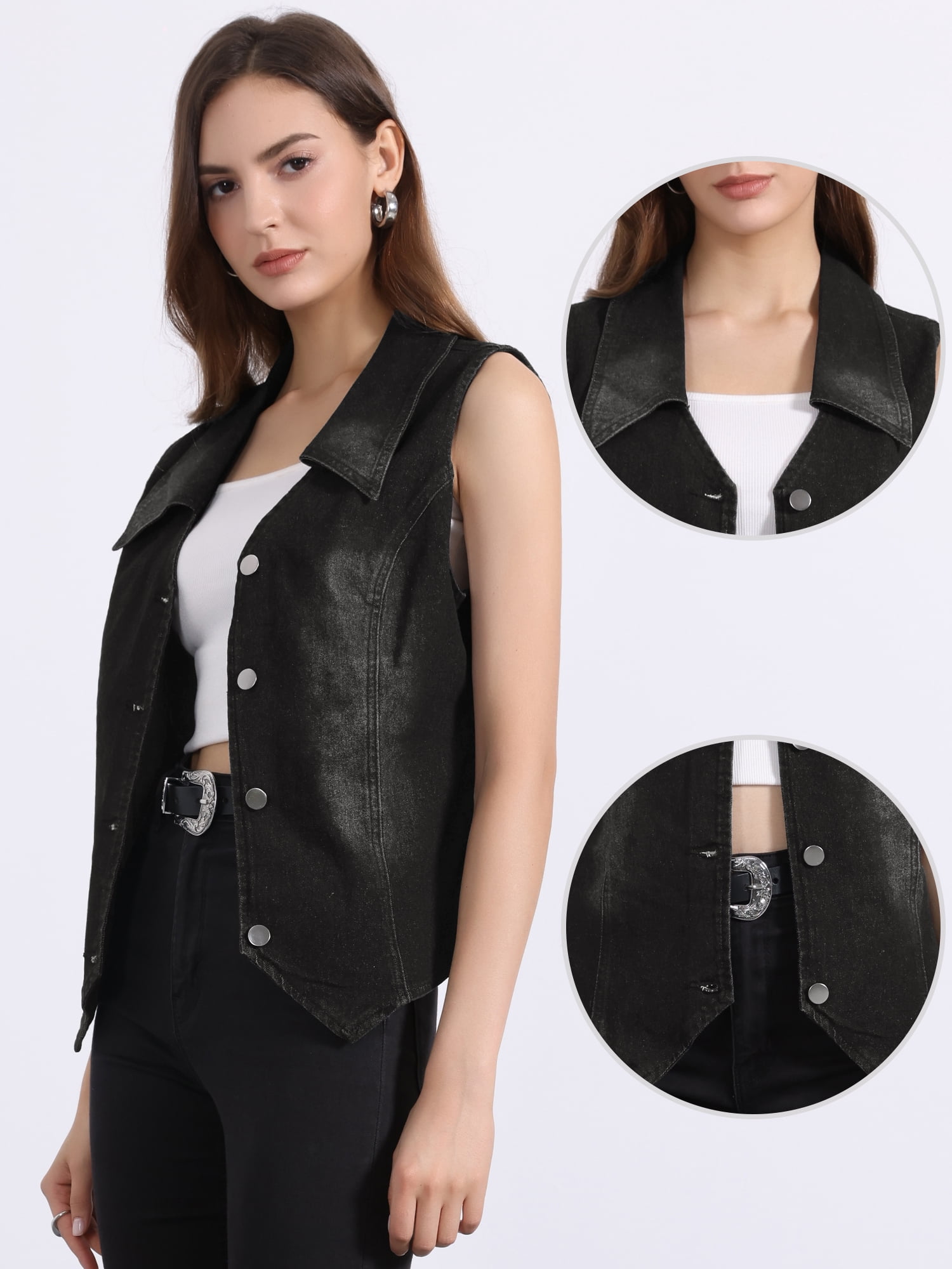 DARING DIVA Women's Denim Vest Sleeveless Jean Jacket Tops Button Down Waistcoat L Black