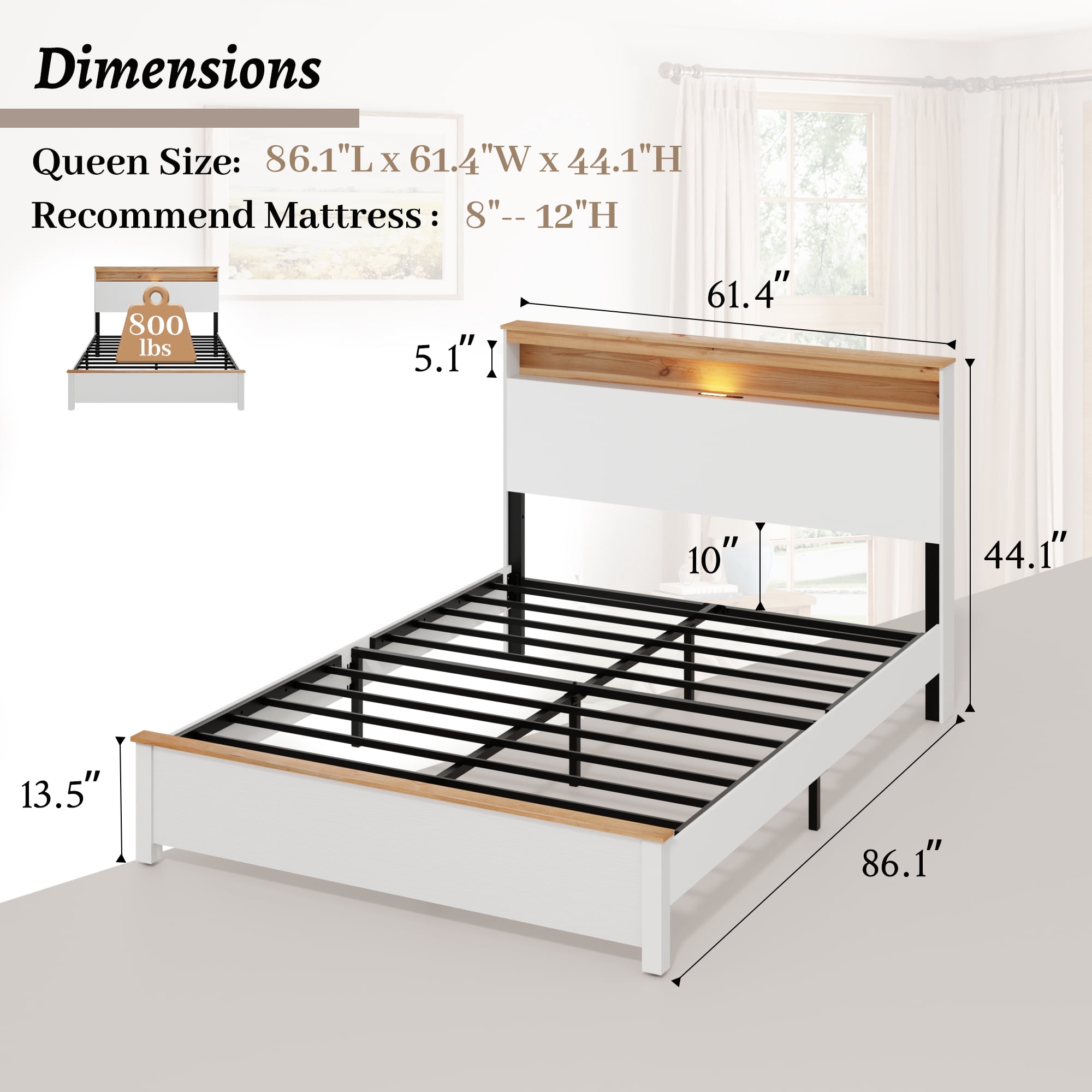 Queen Size Farmhouse Bed Frame with Storage Headboard, Wooden Platform Bed with Charging Station & LED Lights, Strong Metal Slats Support, No Box Spring Needed, White Oak Finish