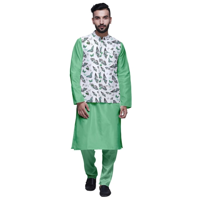 Atasi Kurta Solide Pyjama & Veste Imprimée Nehru Ensemble pour Hommes Tenue de Fête