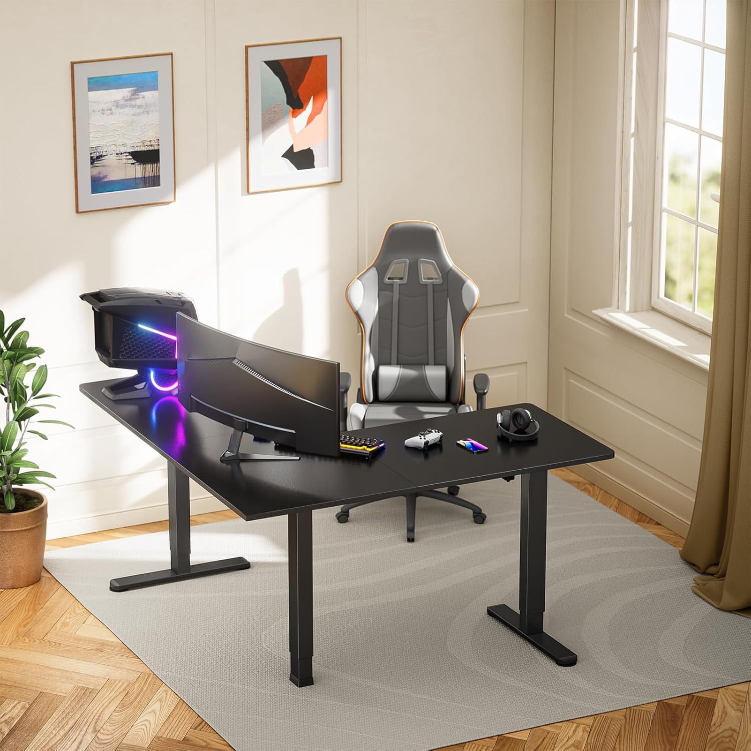 Kyspho L Shaped Standing Desk, 63" x 55" Electric Height Adjustable Sit Stand up Desk, Corner Computer Table for Home Office, Interchangeable Installation of Left and Right, Black