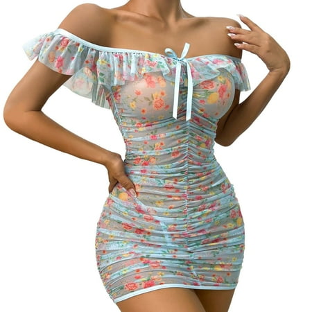 Midwennn Women s Underwear See Through Sexy Flower Underwear Mesh Printed Pleated Pajama Pajama Dress NightgownPin up Lingerie NightgownNightgowns for Women Soft Sexy under 10
