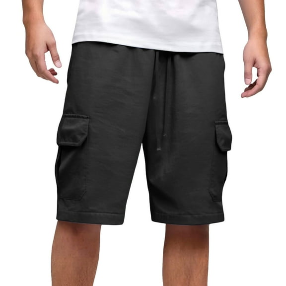 Bcfgryg Mens Soild Color Shorts Casual Cargo Shorts Elastic Waist Drawstring Summer Beach Shorts Men's Linen Shorts For Summer Travel Black L