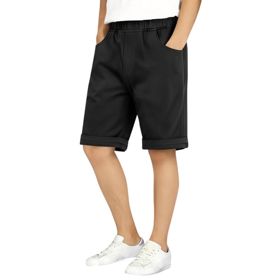 ITSAME Shorts for Boys, Elastic Waist Active Fit Cotton Kids Casual Athletic Shorts with Pockets Black 9-10T
