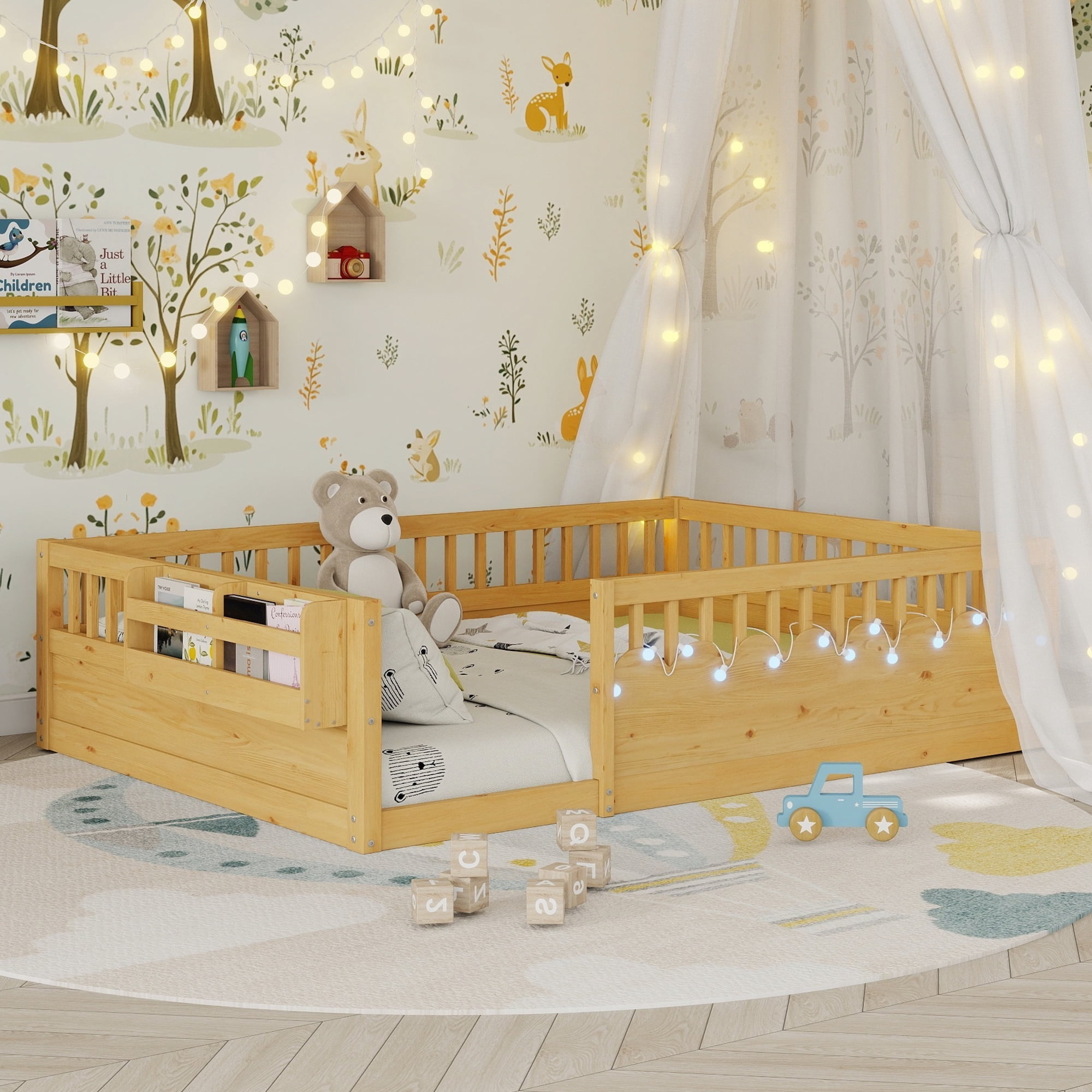 Montessori Floor Bed with High Rails, LED Lights & Storage Shelf, Safe & Wider Opening Gate Design, Full Size Floor Bed for Boys & Girls, Natural