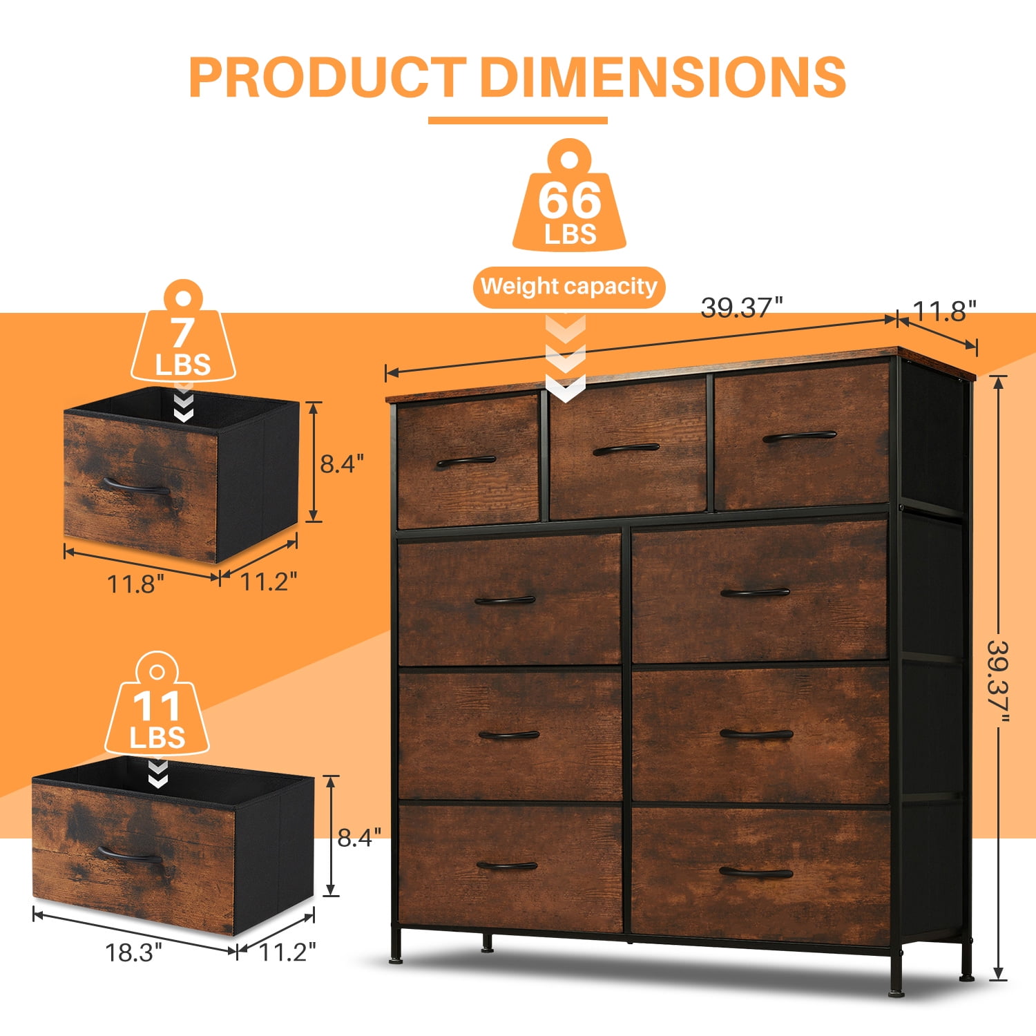 Simenmax 9 Drawers Dresser for Bedroom, Tall Fabric Closet Chests Organizer Tower Furniture with Wooden Top Metal Frame for Clothes, Room, Living Room, Hallway, Entryway,Brown