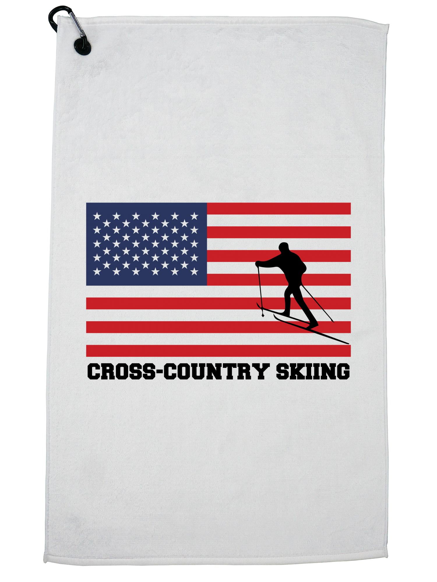 USA Olympic Cross Country Skiing Flag Silhouette Golf Towel with Carabiner Clip by Hollywood Thread