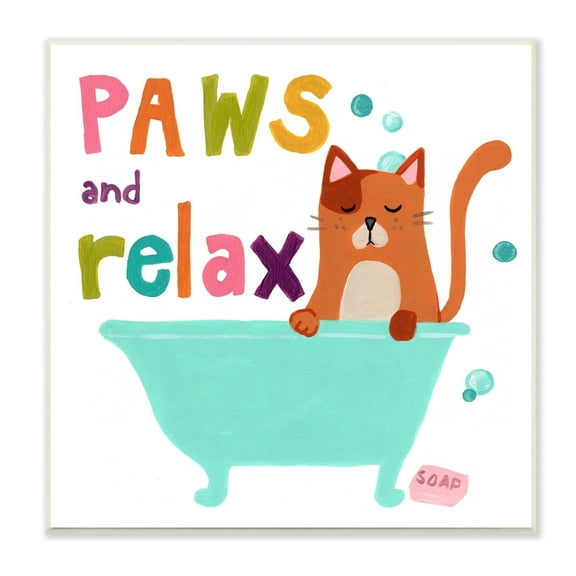 Stupell Industries Paws & Relax Cat Bathtub Bathroom Restful Phrase Graphic Art Unframed Art Print Wall Art, Design by June Erica Vess