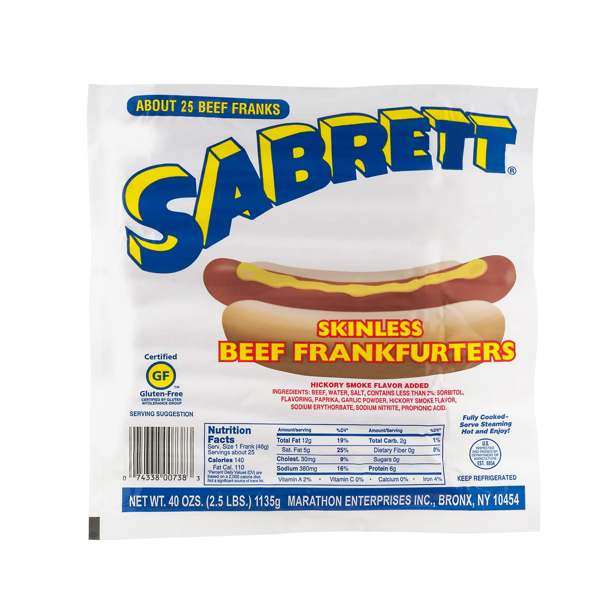 Sabrett Premium Skinless Beef Hot Dog Franks, 40 oz. Refrigerated