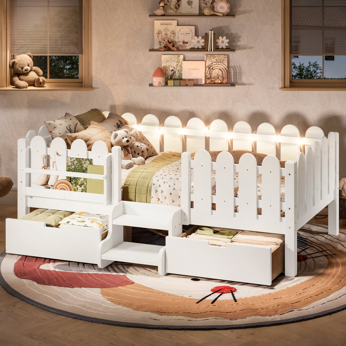 Twin Size Platform Bed with Guardrail and Bookshelf, Twin Bed Frame with Led Lights and Stairs, Low Profile Farm Style Design, White