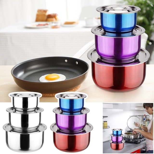MTBLYS Thai Style Three Piece Cooking Pot Set Stainless Steel Kitchen Tableware Seafood Pot with Cover Multi Purpose Basin for Soup Cooking Outdoor Bbq