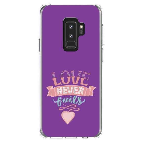 DistinctInk Clear Shockproof Hybrid Case for Samsung Galaxy S9  PLUS (6.2" Screen) - TPU Bumper, Acrylic Back, Tempered Glass Screen Protector - 1 Corinthians 13 - Love Never Fails - Heart